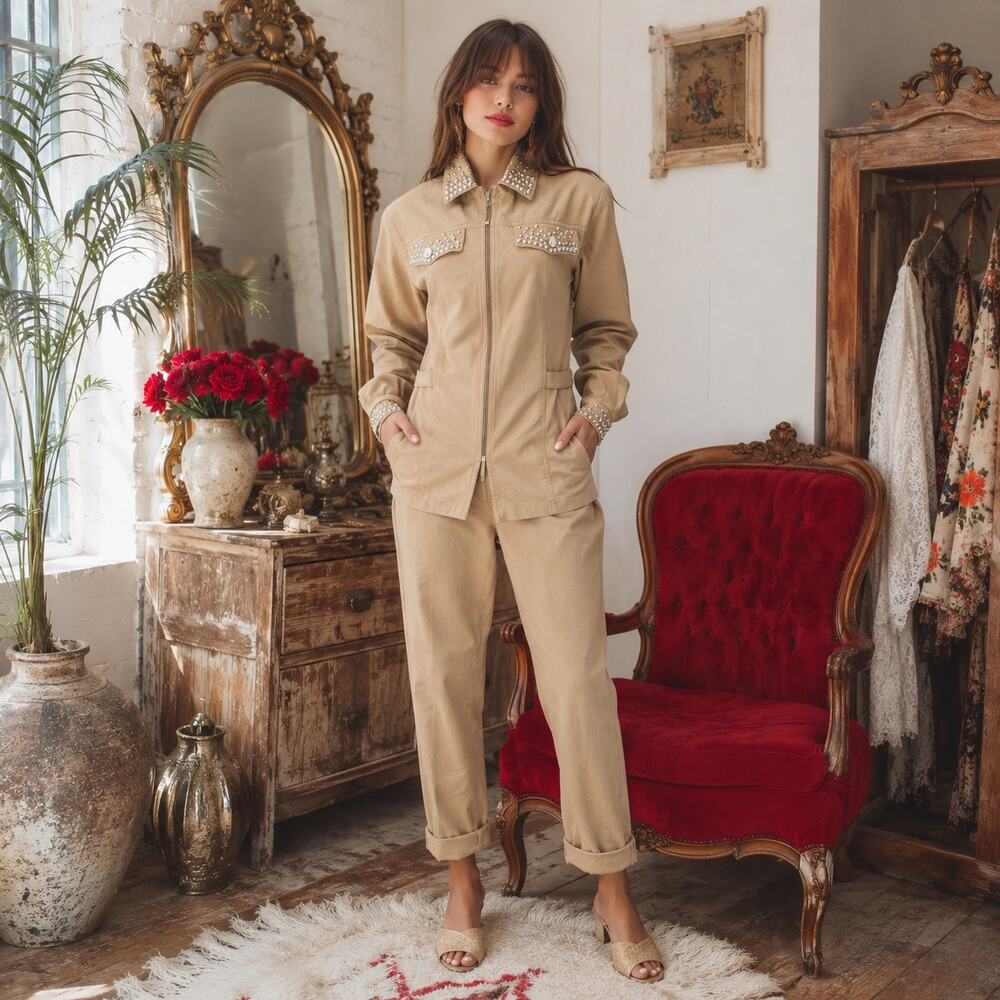 80s Vintage Gepetto Tan Safari Suit, Studded Bling Two Piece Outfit - S/M
